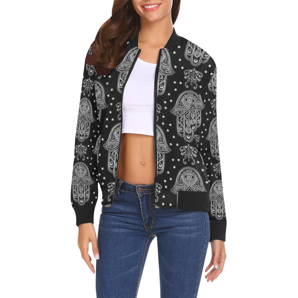 Evil Eye Hamsa Pattern Print Women Casual Bomber Jacket-grizzshop