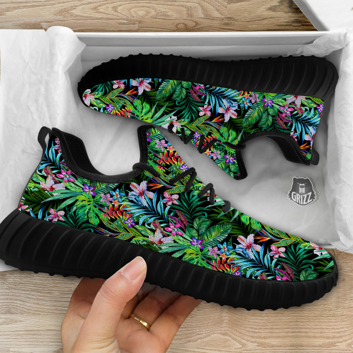 Exotic Hibiscus And Palm Print Pattern Black Walking Shoes-grizzshop
