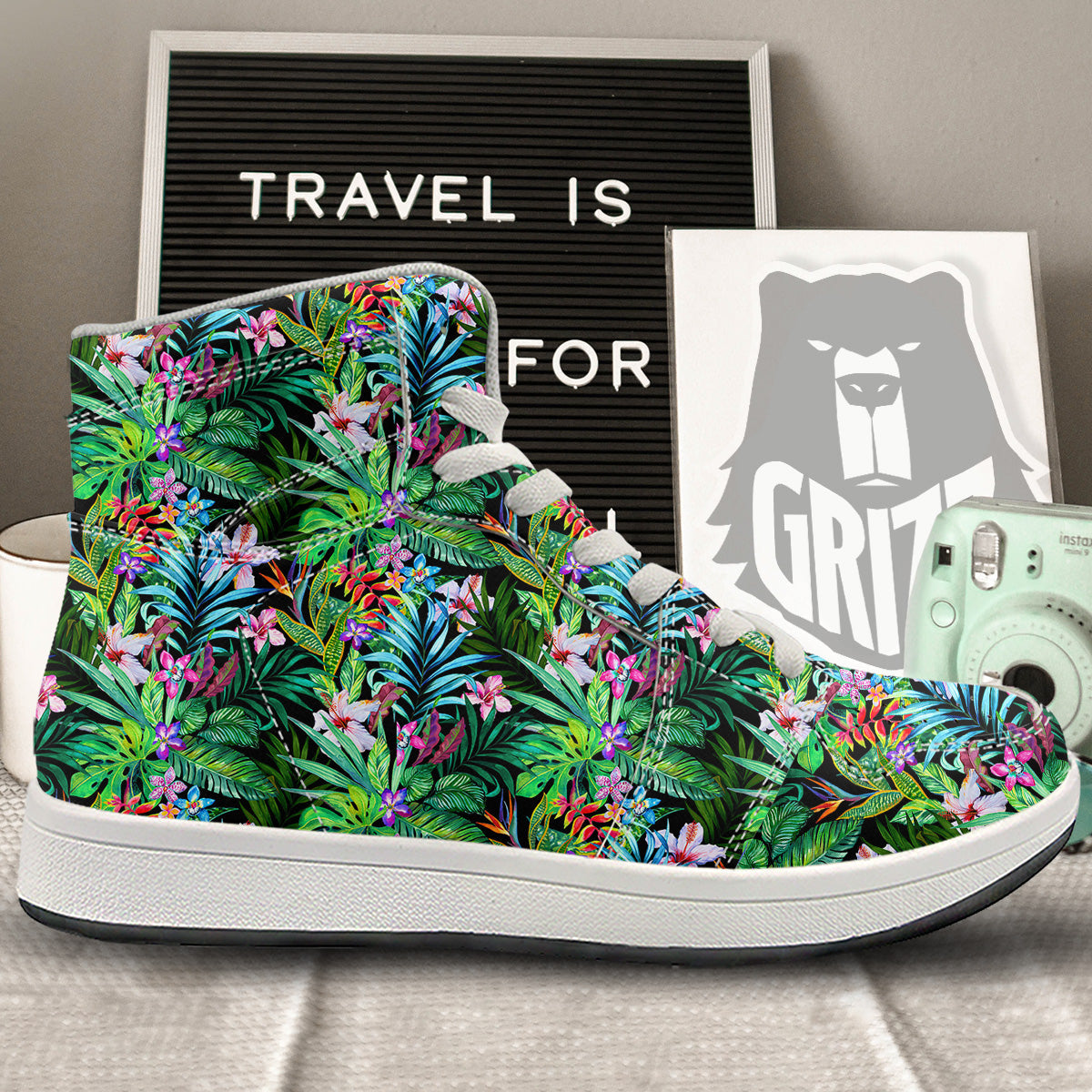 Exotic Hibiscus And Palm Print Pattern High Top Sneakers-grizzshop