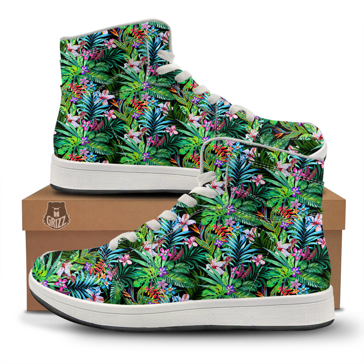 Exotic Hibiscus And Palm Print Pattern High Top Sneakers-grizzshop