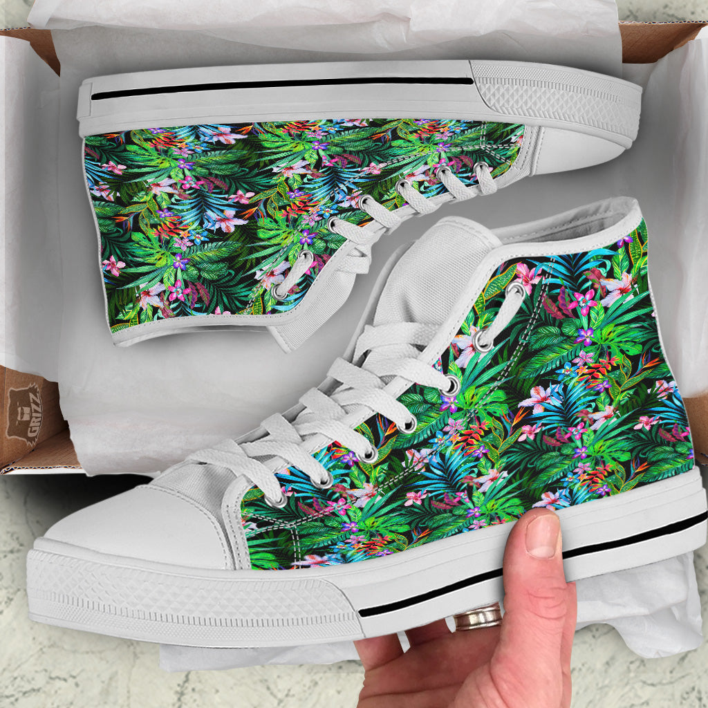 Exotic Hibiscus And Palm Print Pattern White High Top Shoes-grizzshop