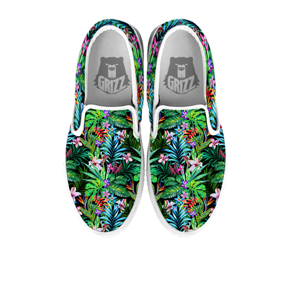 Exotic Hibiscus And Palm Print Pattern White Slip On Shoes-grizzshop
