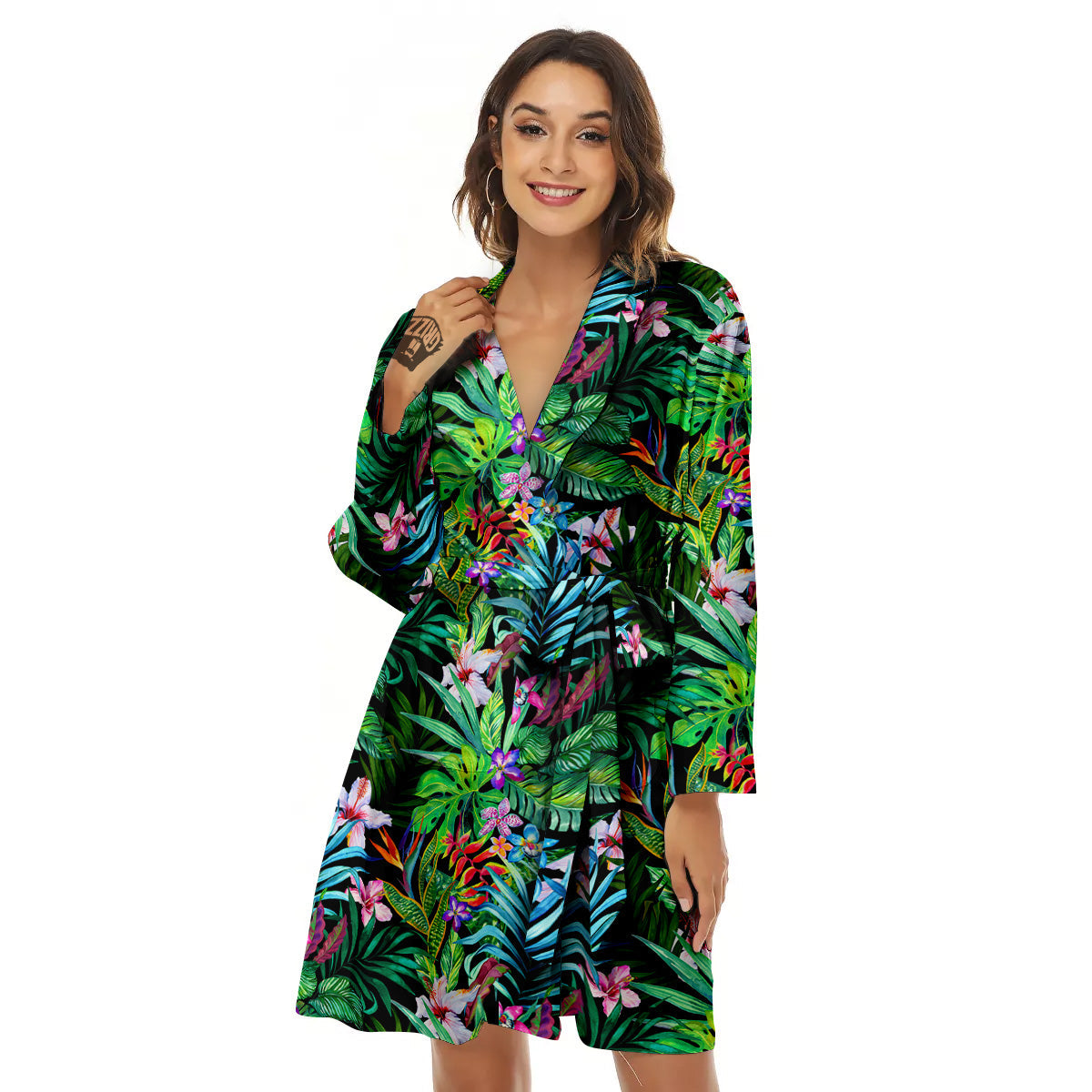 Exotic Hibiscus And Palm Print Pattern Women's Robe-grizzshop