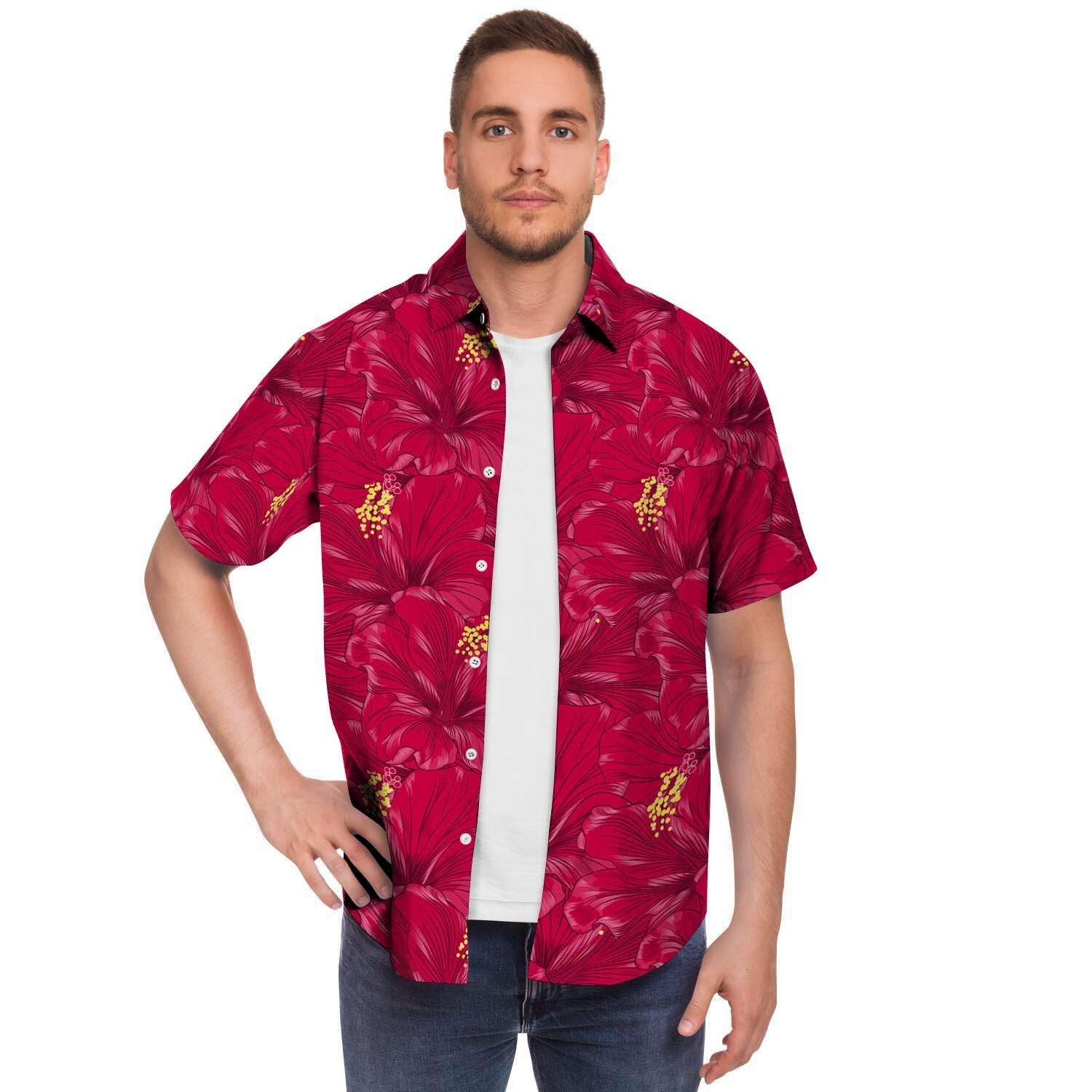 Exotic Hibiscus Flower Hawaiian Print Men's Short Sleeve Shirt-grizzshop