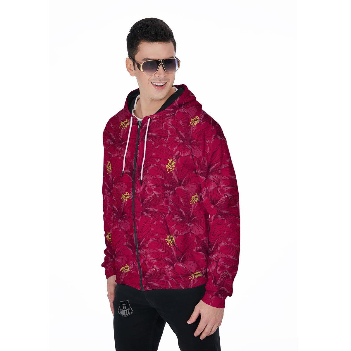 Exotic Hibiscus Flower Hawaiian Print Men's Zip Up Hoodie-grizzshop