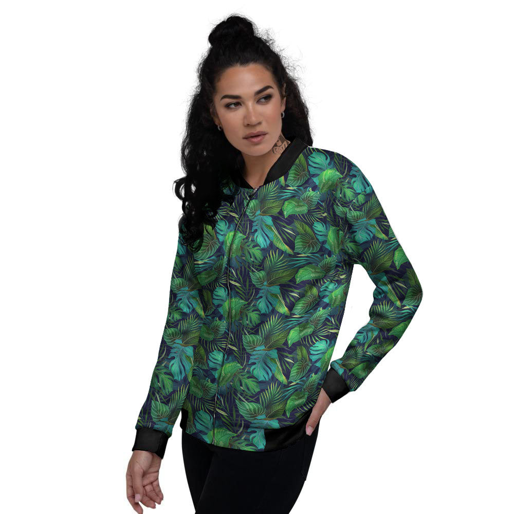 Exotic Leaf Tropical Print Pattern Women's Bomber Jacket-grizzshop