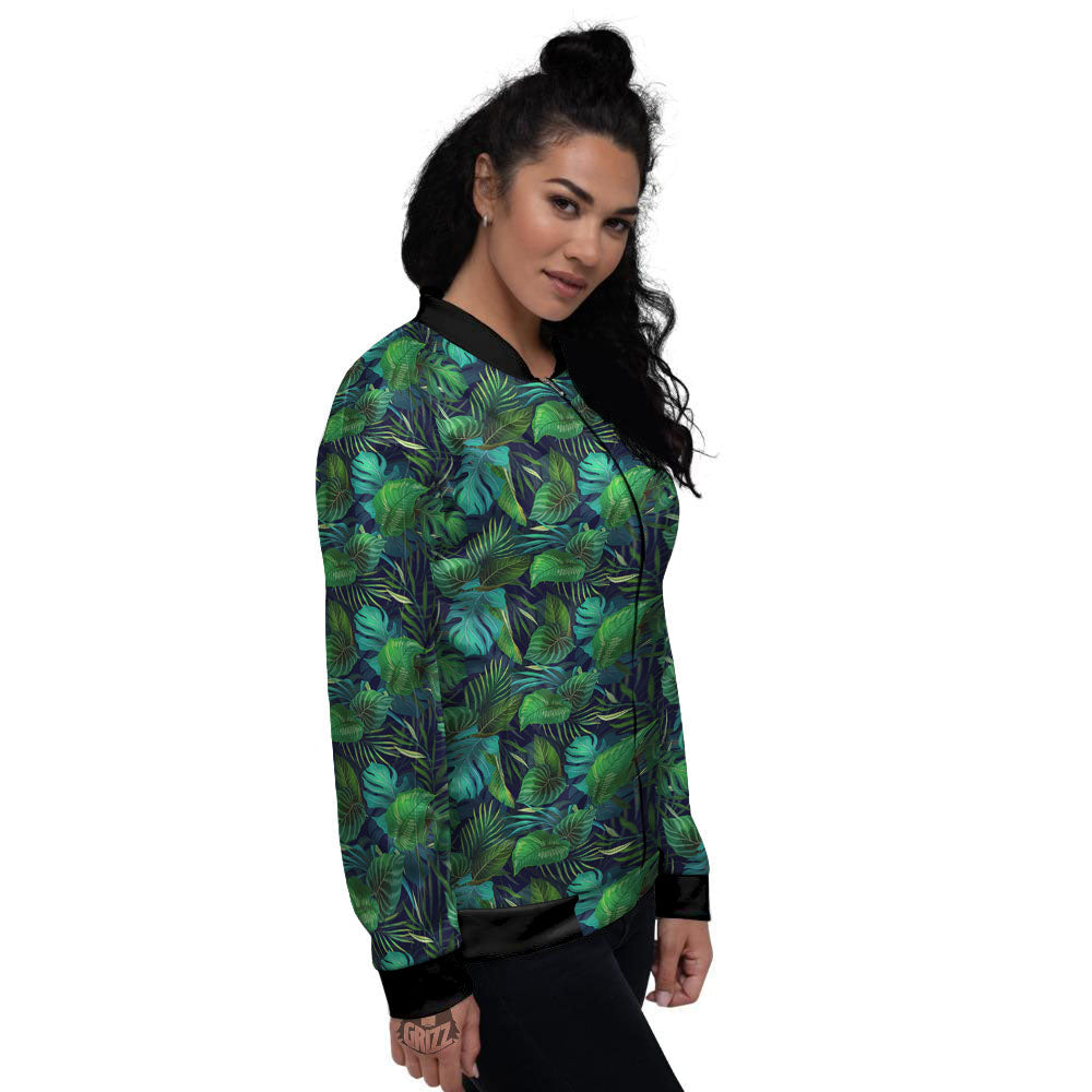 Exotic Leaf Tropical Print Pattern Women's Bomber Jacket-grizzshop