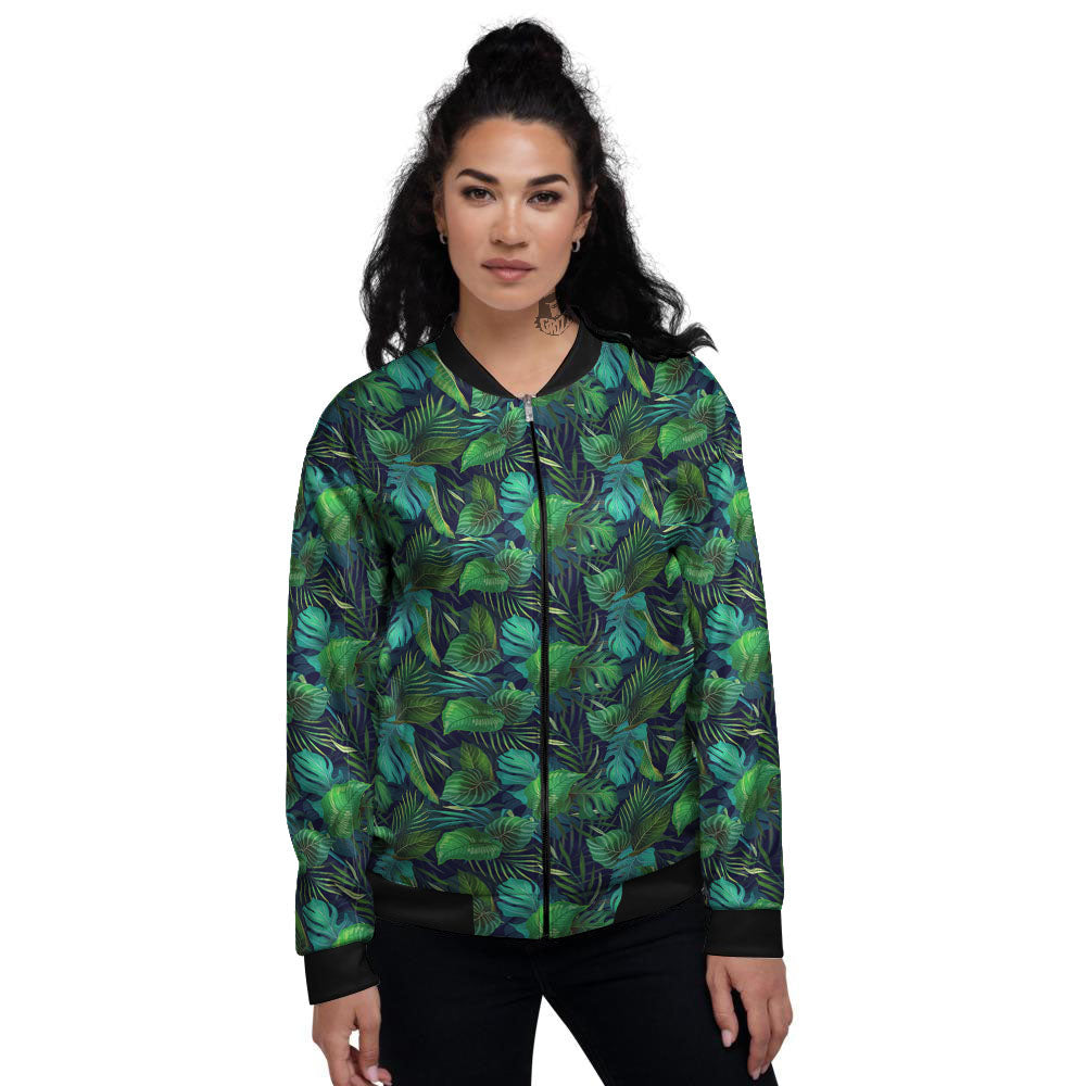 Exotic Leaf Tropical Print Pattern Women's Bomber Jacket-grizzshop