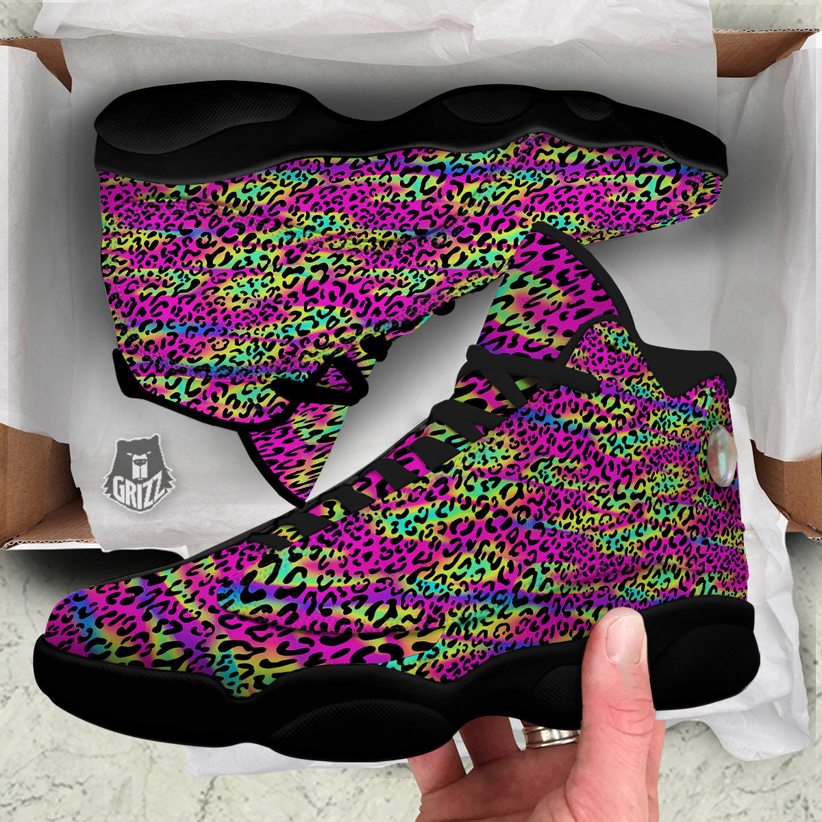 Exotic Neon Leopard Print Pattern Black Basketball Shoes-grizzshop