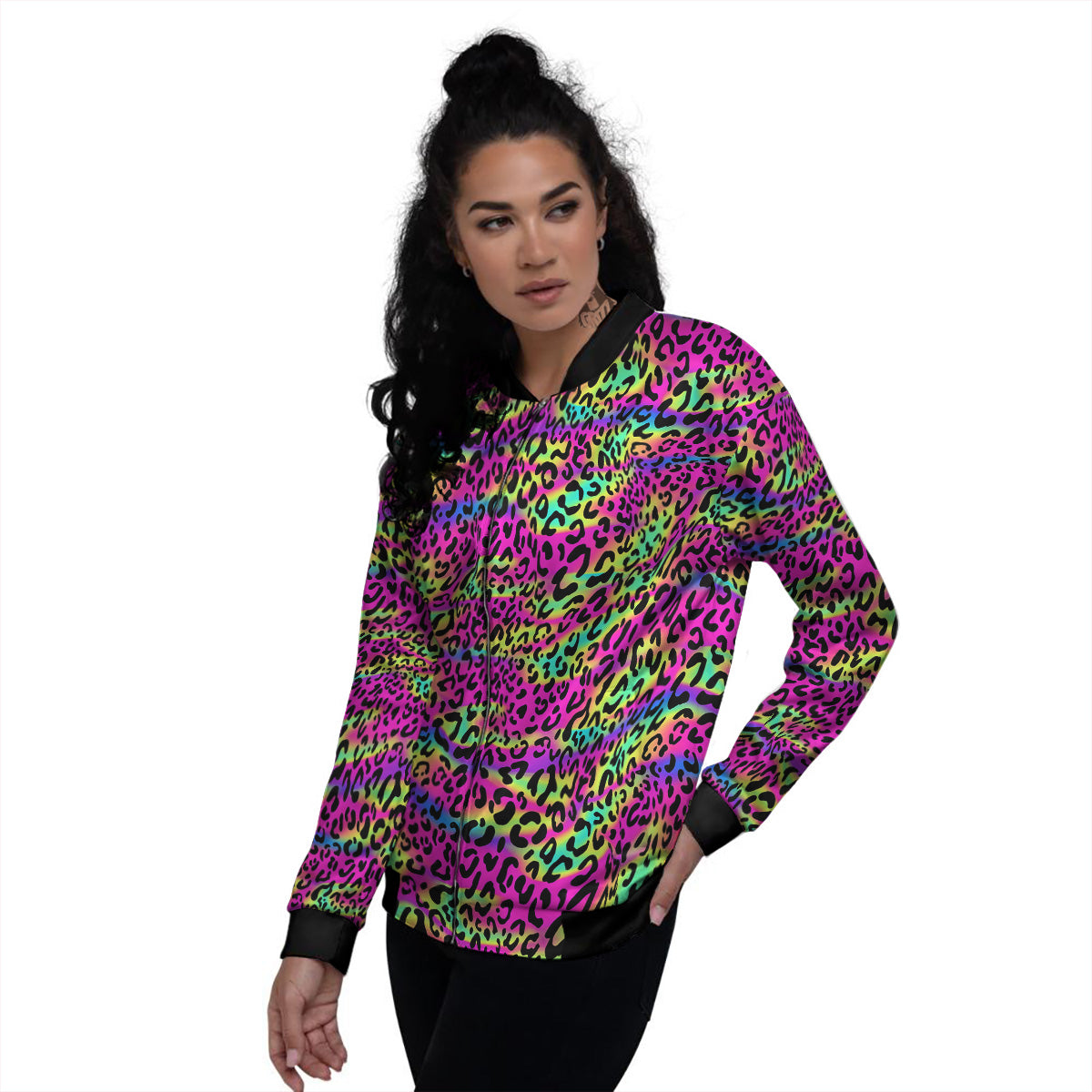 Exotic Neon Leopard Print Pattern Women's Bomber Jacket-grizzshop