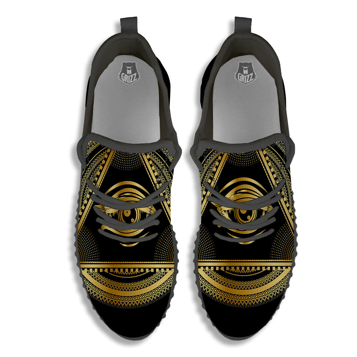 Eye of Providence Gold And Black Print Black Walking Shoes-grizzshop