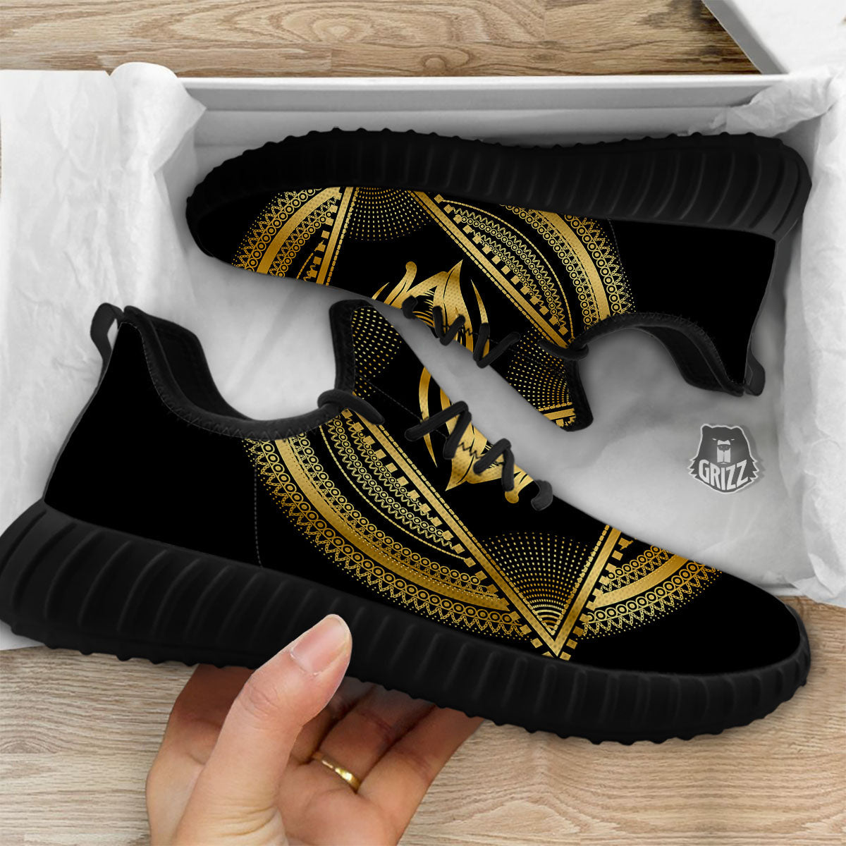 Eye of Providence Gold And Black Print Black Walking Shoes-grizzshop