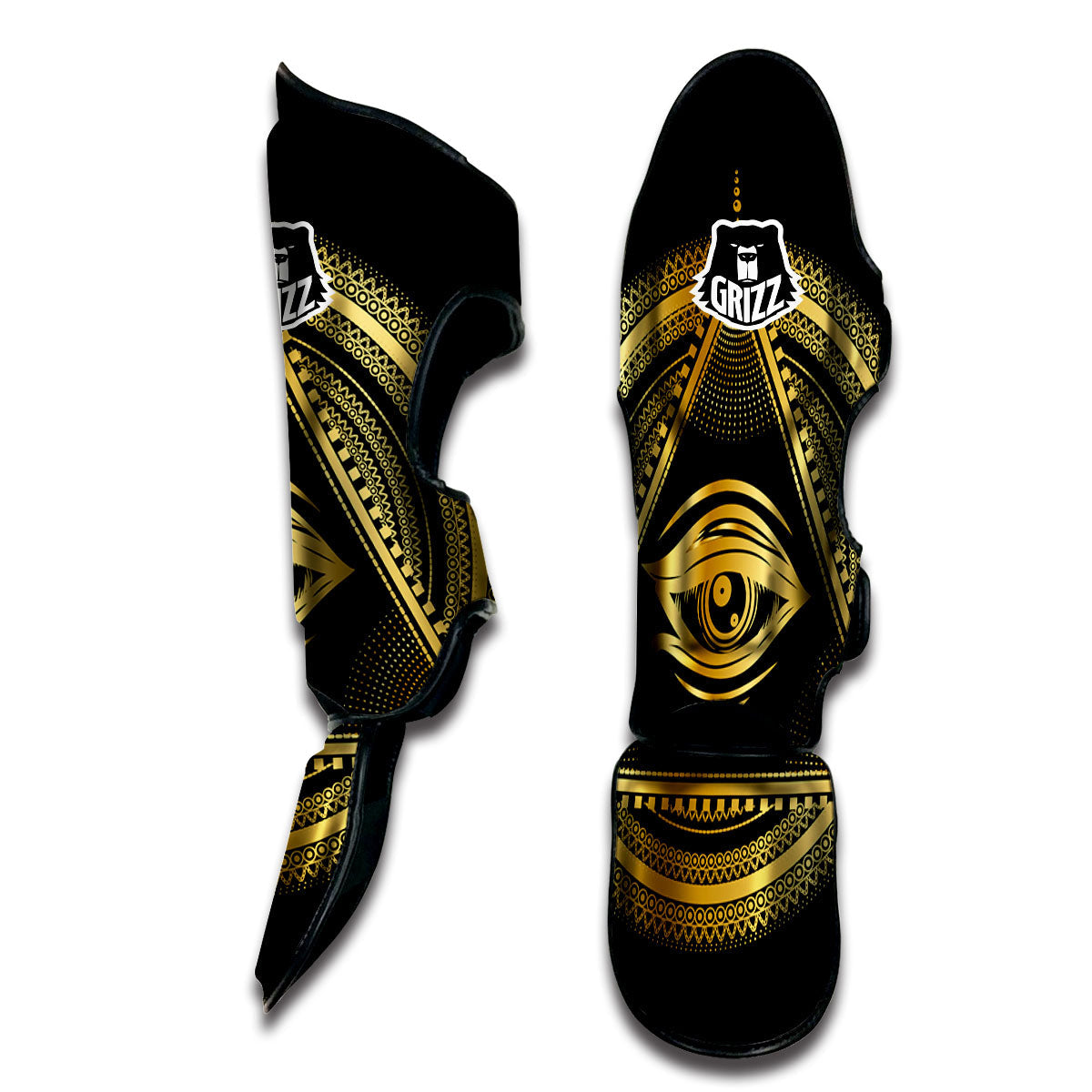 Eye of Providence Gold And Black Print Muay Thai Shin Guards-grizzshop
