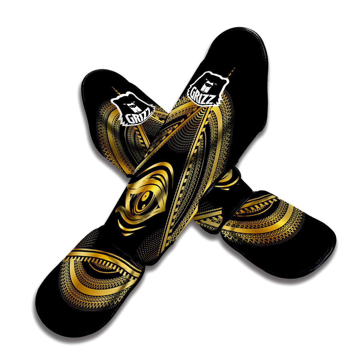 Eye of Providence Gold And Black Print Muay Thai Shin Guards-grizzshop