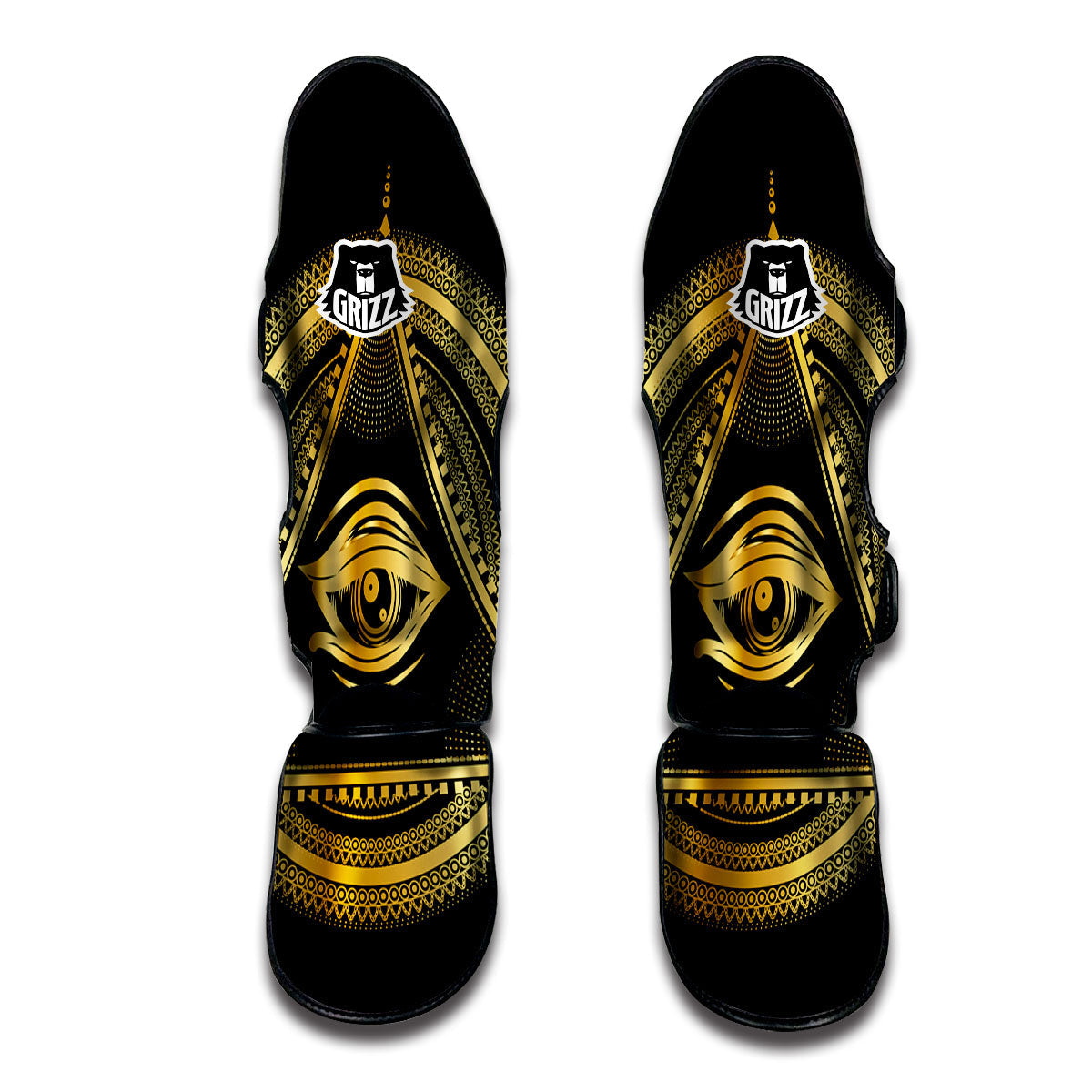 Eye of Providence Gold And Black Print Muay Thai Shin Guards-grizzshop