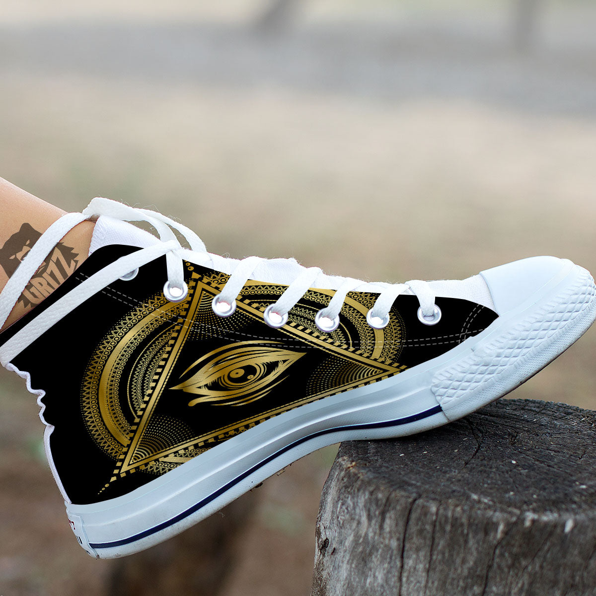 Eye of Providence Gold And Black Print White High Top Shoes-grizzshop