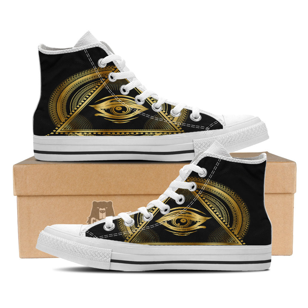 Eye of Providence Gold And Black Print White High Top Shoes-grizzshop