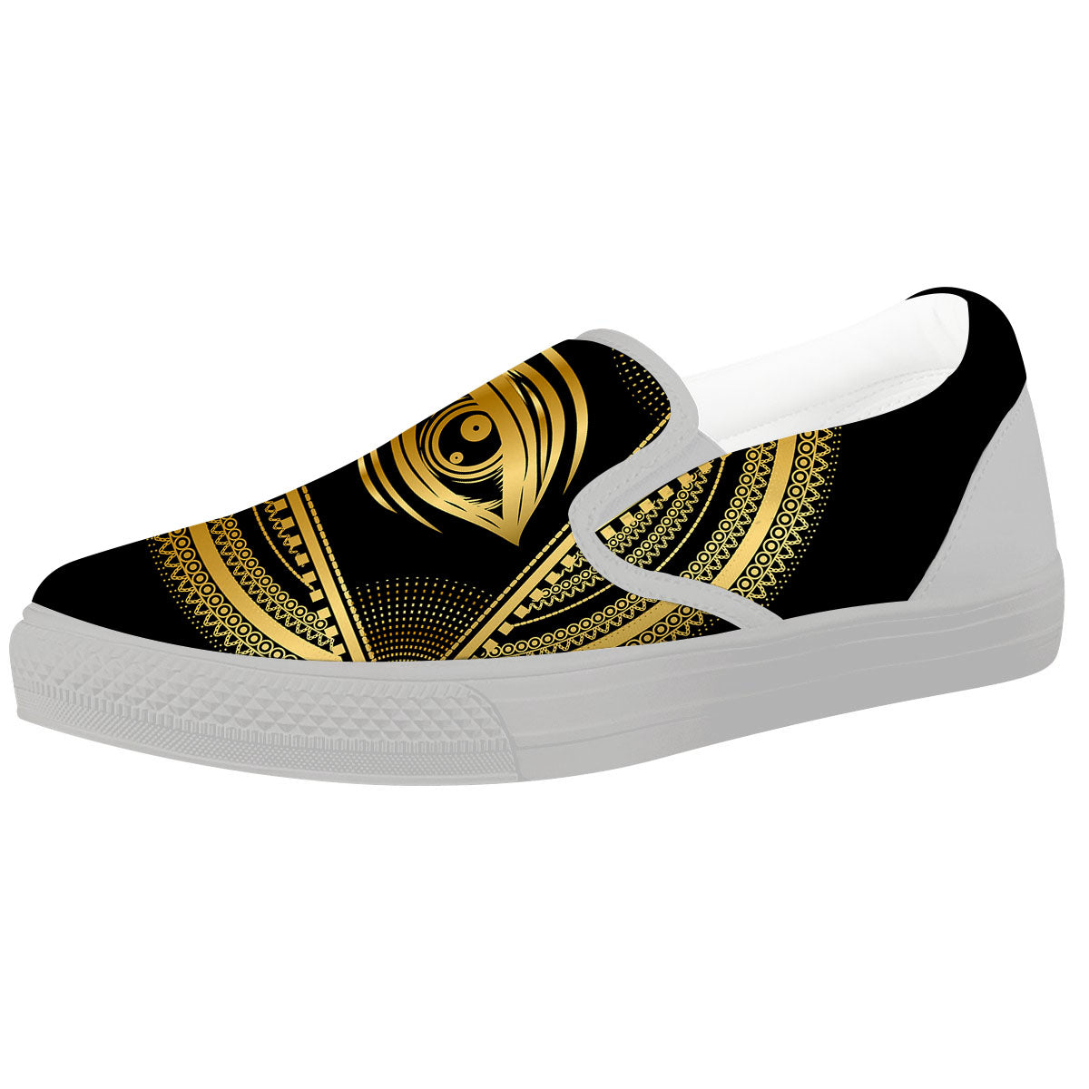Eye of Providence Gold And Black Print White Slip On Shoes-grizzshop