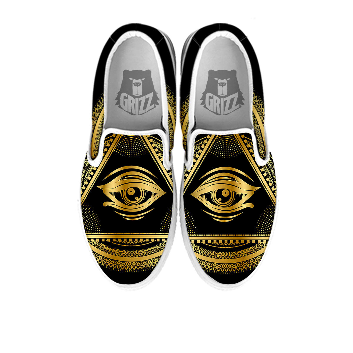 Eye of Providence Gold And Black Print White Slip On Shoes-grizzshop