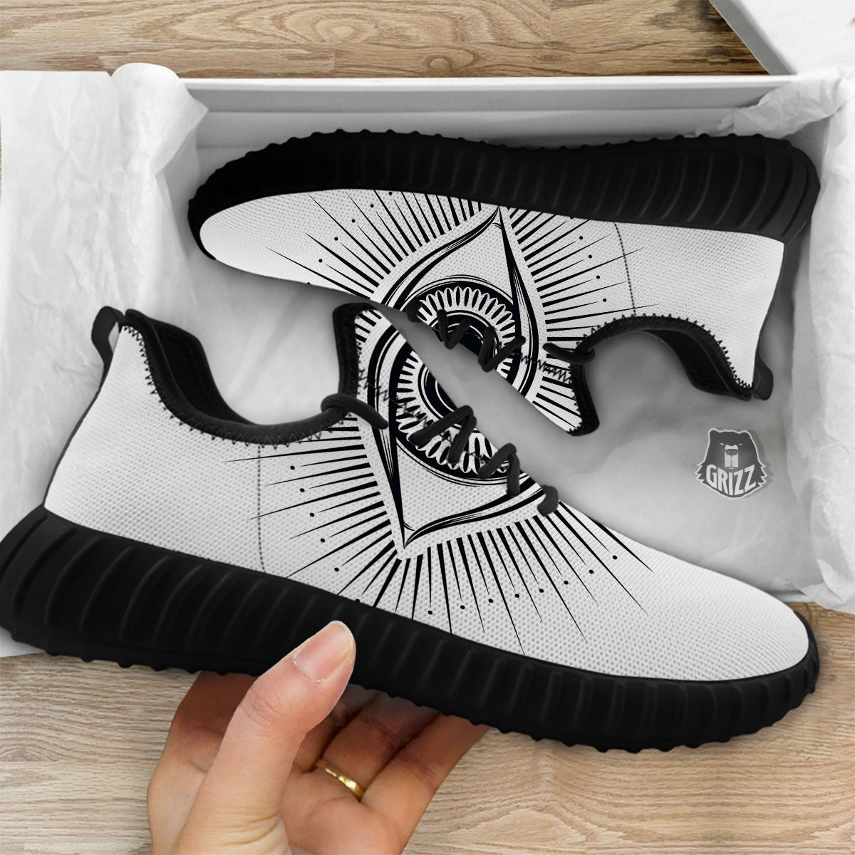 Eye of Providence White And Black Print Black Walking Shoes-grizzshop