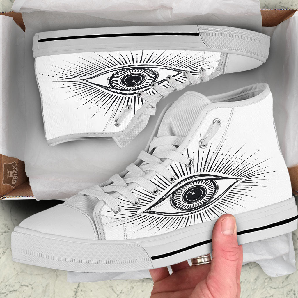 Eye of Providence White And Black Print White High Top Shoes-grizzshop
