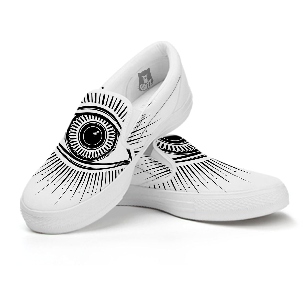 Eye of Providence White And Black Print White Slip On Shoes-grizzshop