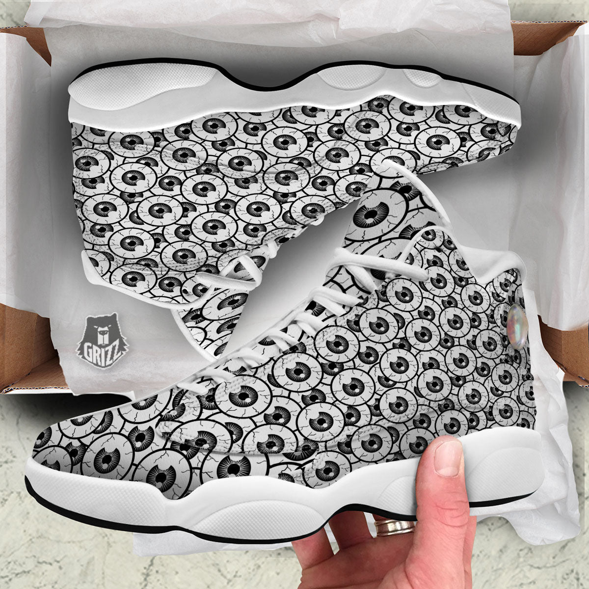 Eyeball Print Pattern White Basketball Shoes-grizzshop