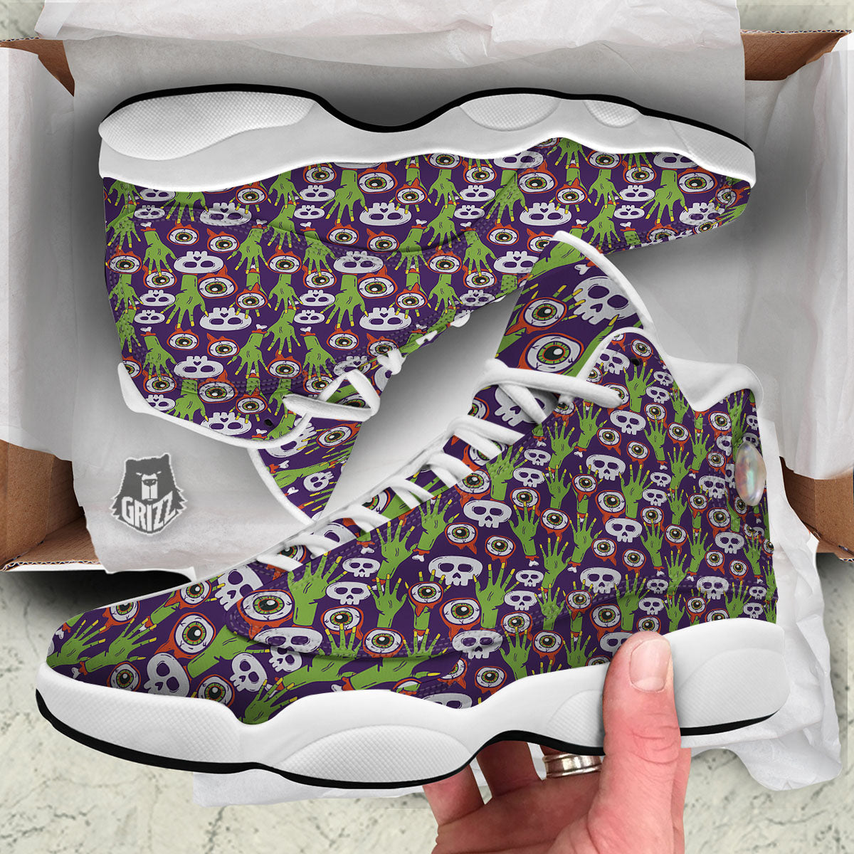 Eyeball Zombie Print Pattern White Basketball Shoes-grizzshop
