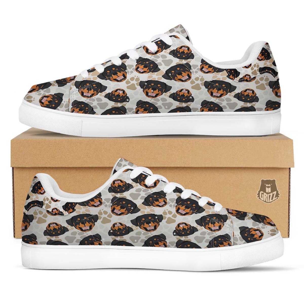 Face Rottweiler Print Pattern White Low Top Sneakers-grizzshop