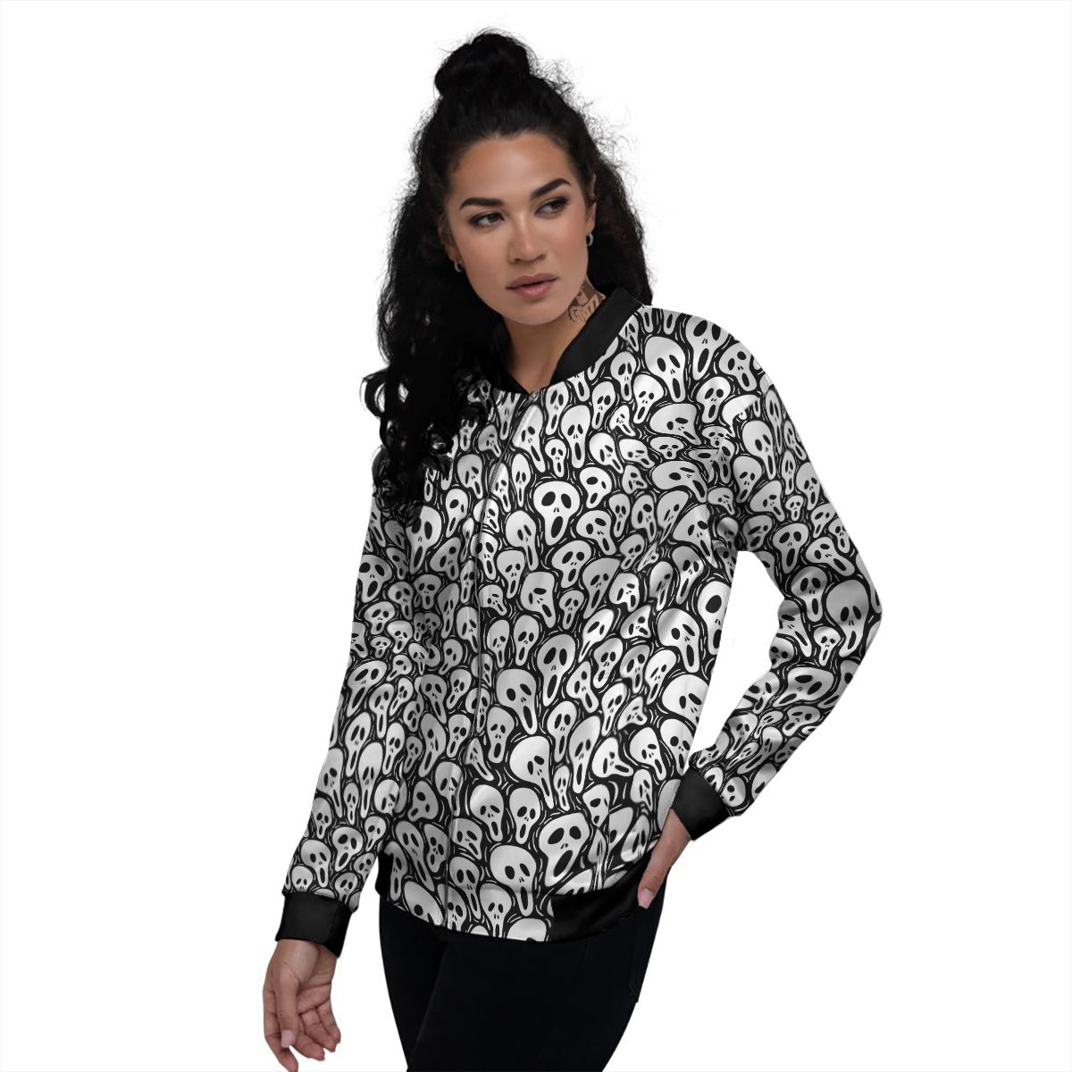 Face Scary Print Pattern Women's Bomber Jacket-grizzshop