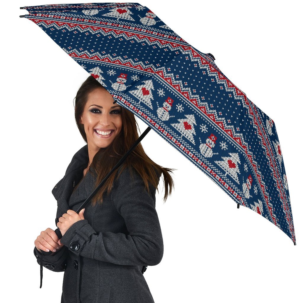 Fairisle Christmas Snowman Pattern Print Automatic Foldable Umbrella-grizzshop
