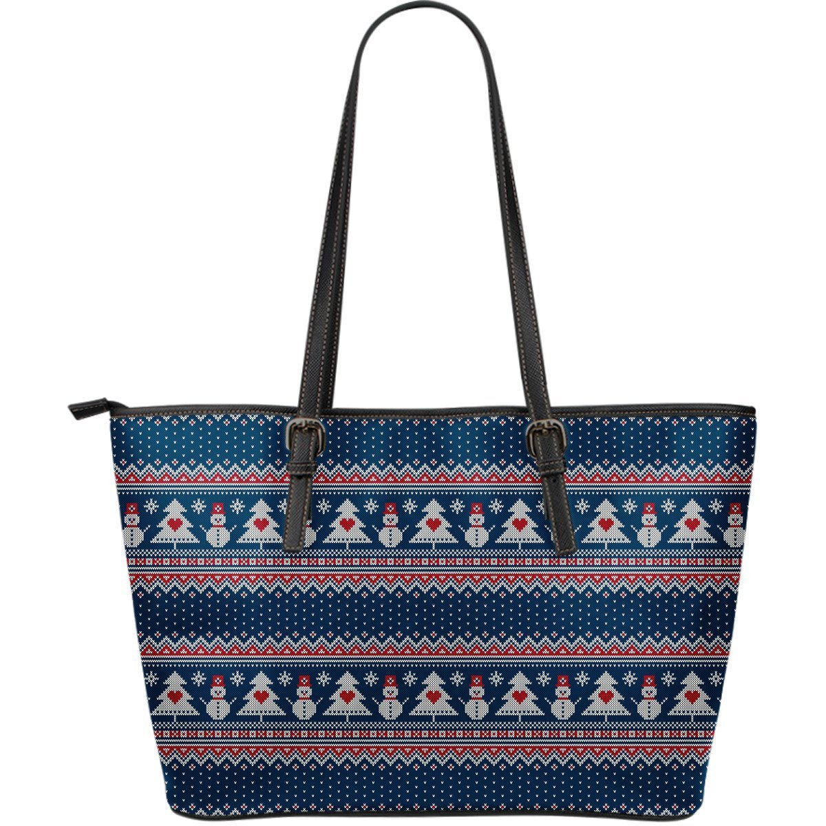 Fairisle Christmas Snowman Pattern Print Leather Tote Bag-grizzshop