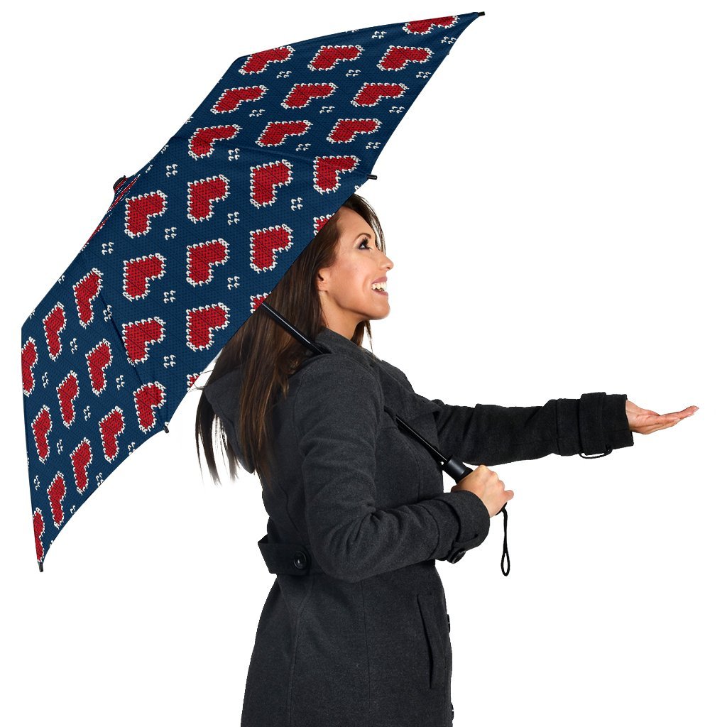 Fairisle Heart Christmas Pattern Print Automatic Foldable Umbrella-grizzshop