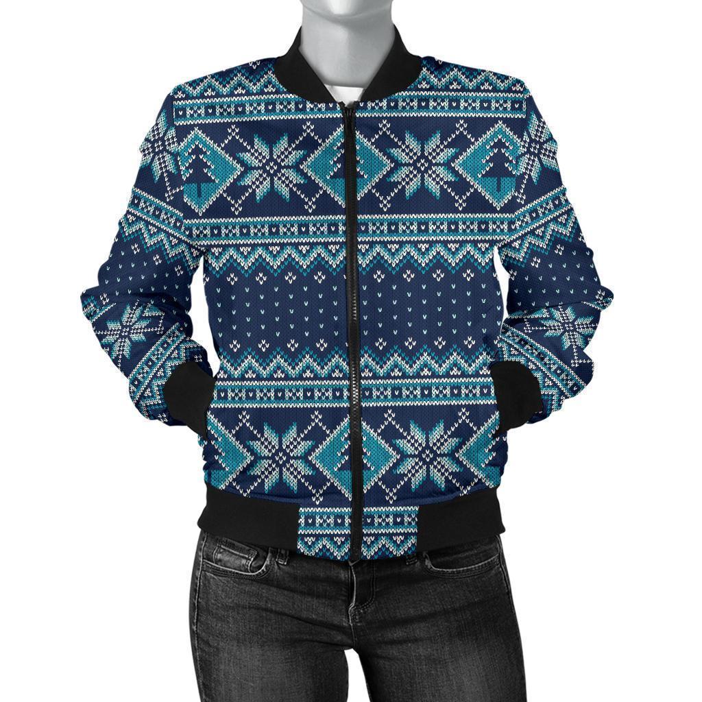 Fairisle Christmas Pattern Print Women Casual Bomber Jacket-grizzshop