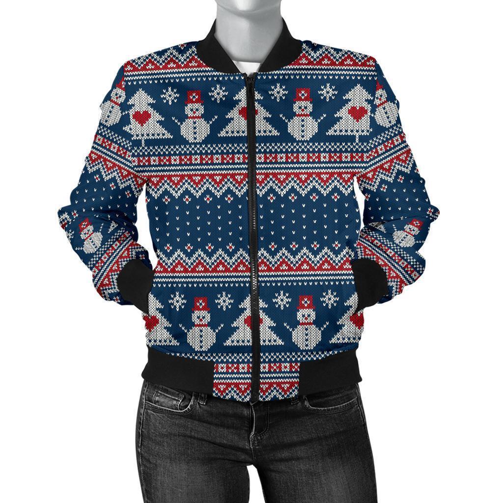 Fairisle Christmas Snowman Pattern Print Women Casual Bomber Jacket-grizzshop