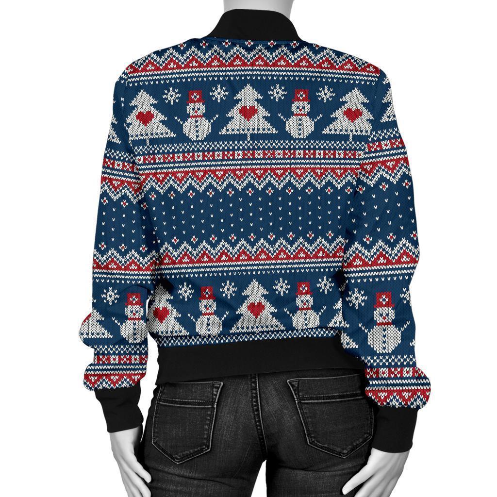 Fairisle Christmas Snowman Pattern Print Women Casual Bomber Jacket-grizzshop