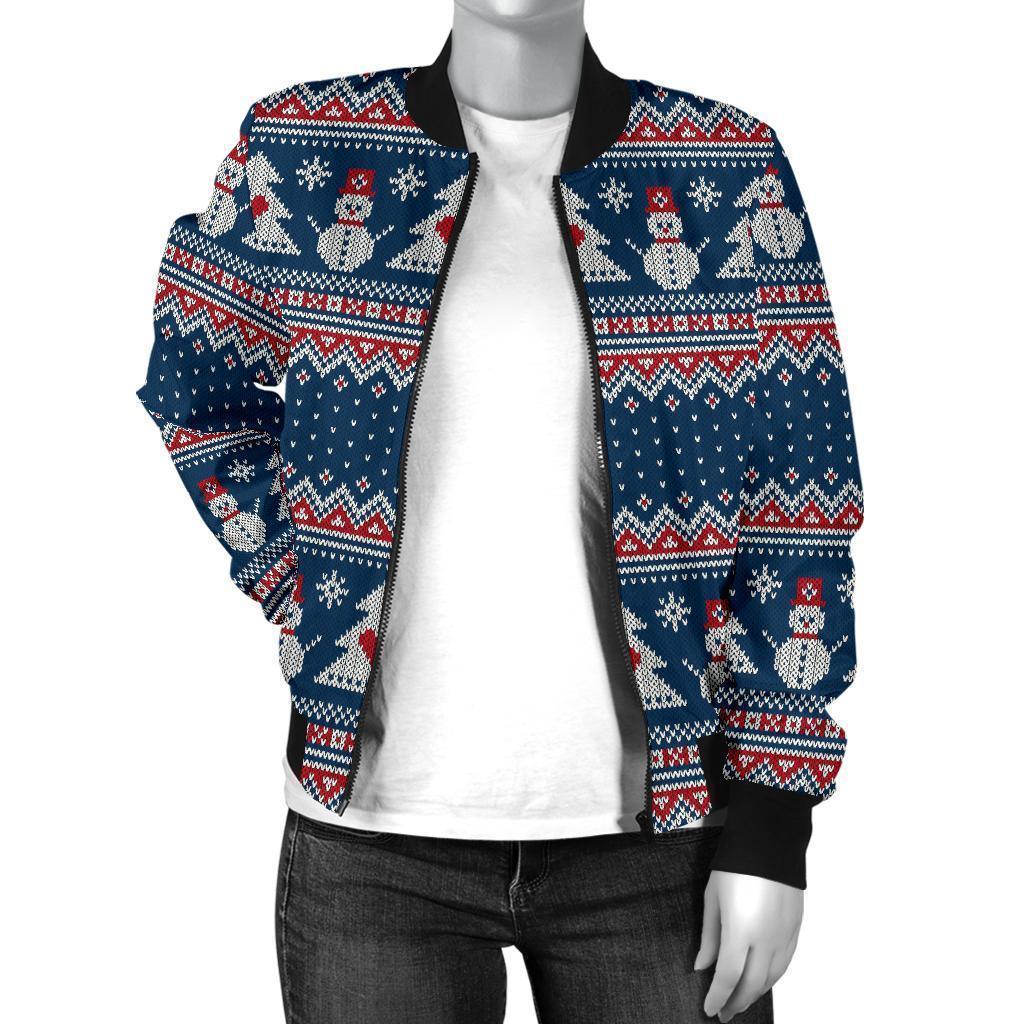 Fairisle Christmas Snowman Pattern Print Women Casual Bomber Jacket-grizzshop