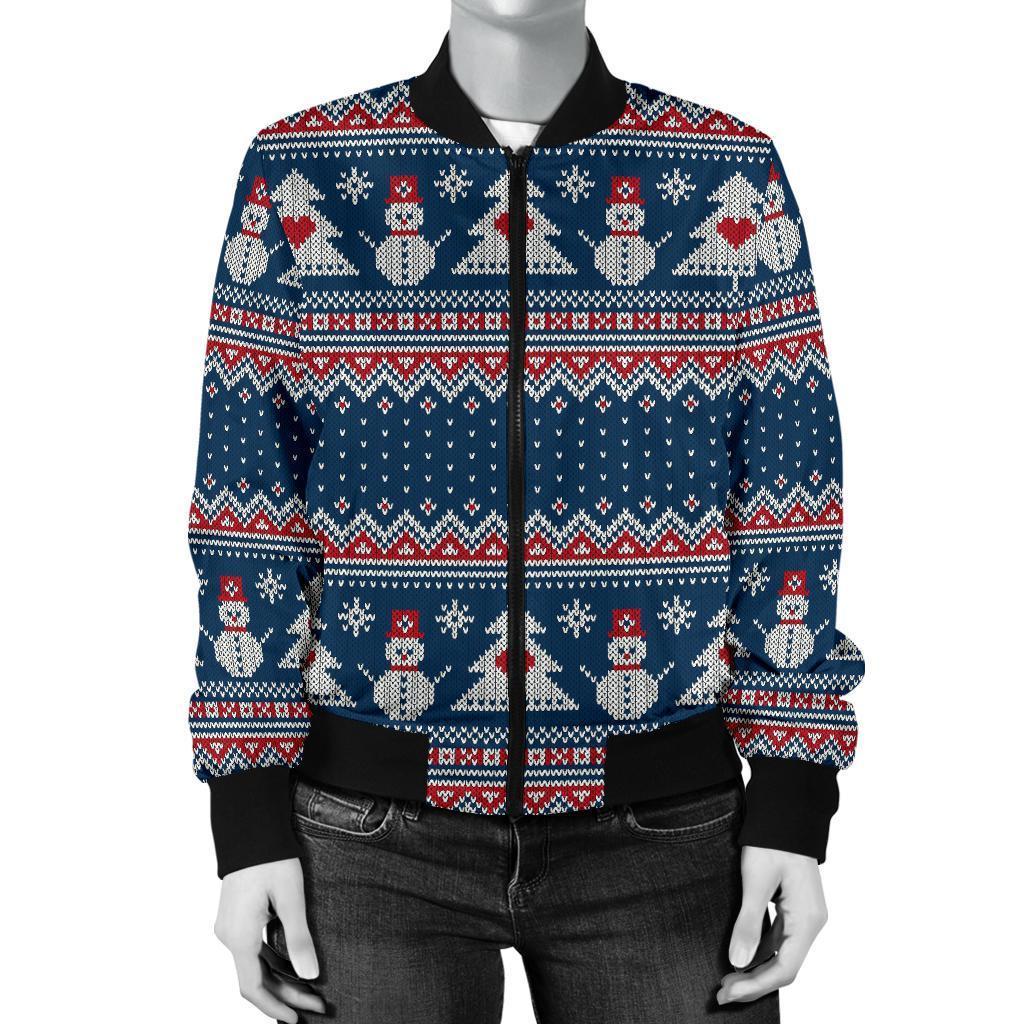 Fairisle Christmas Snowman Pattern Print Women Casual Bomber Jacket-grizzshop