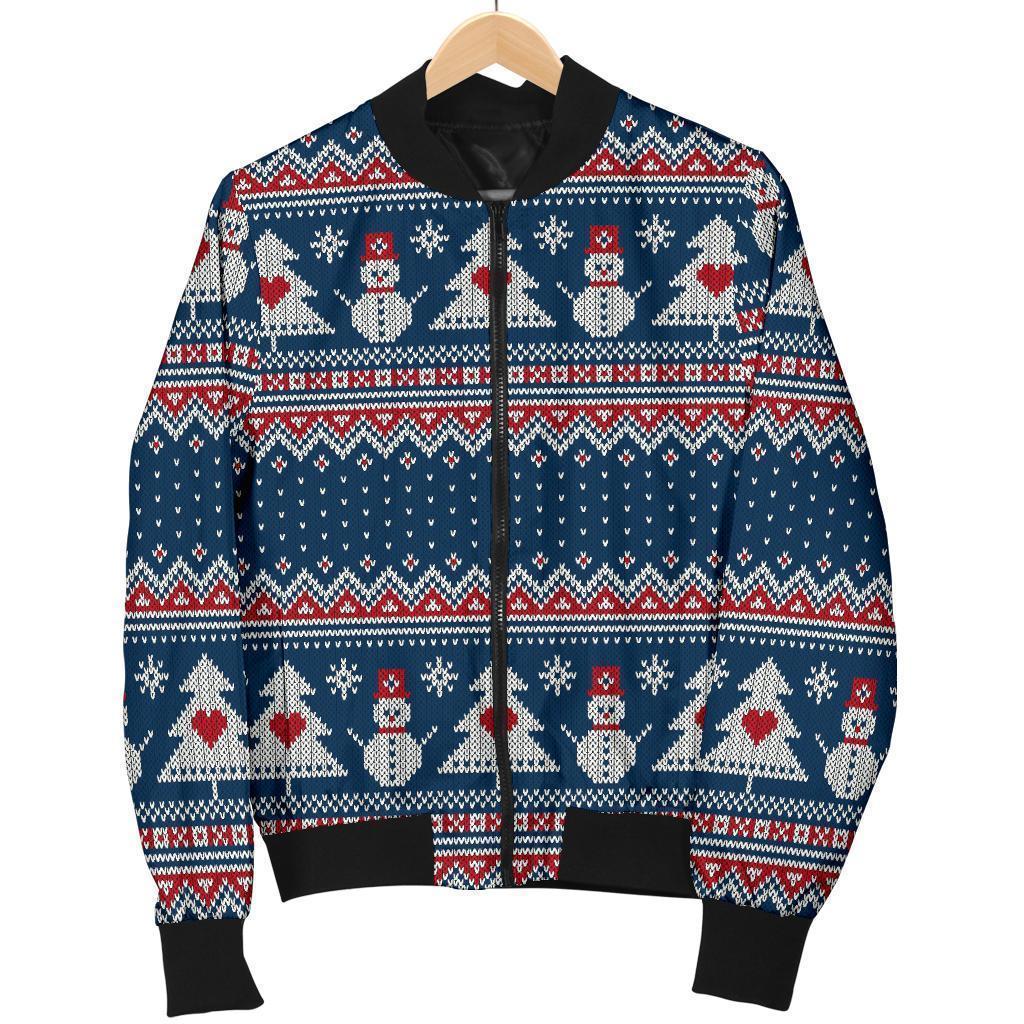 Fairisle Christmas Snowman Pattern Print Women Casual Bomber Jacket-grizzshop