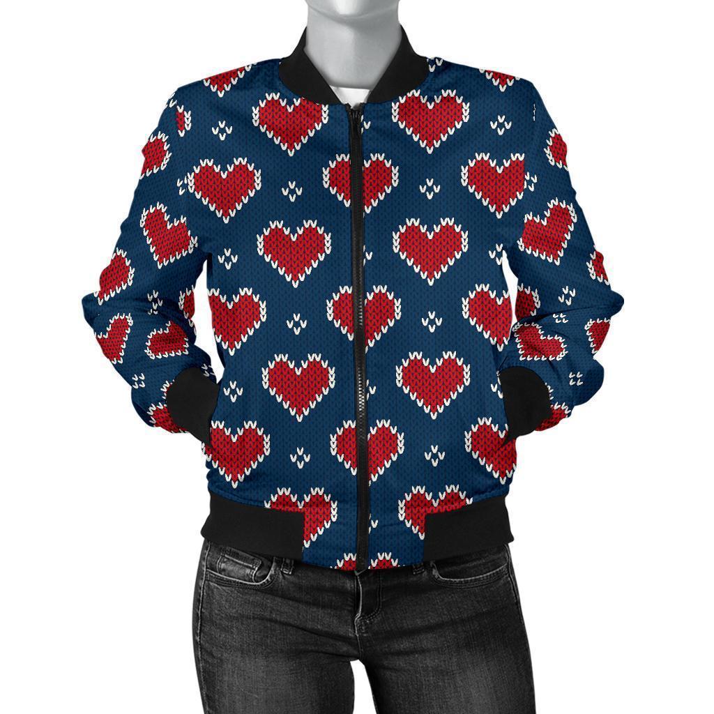 Fairisle Heart Christmas Pattern Print Women Casual Bomber Jacket-grizzshop
