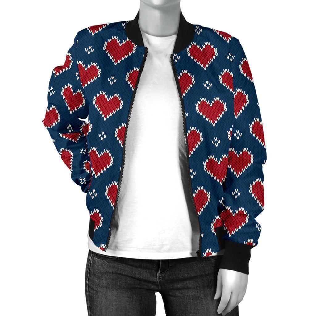 Fairisle Heart Christmas Pattern Print Women Casual Bomber Jacket-grizzshop