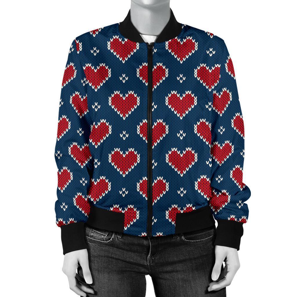 Fairisle Heart Christmas Pattern Print Women Casual Bomber Jacket-grizzshop