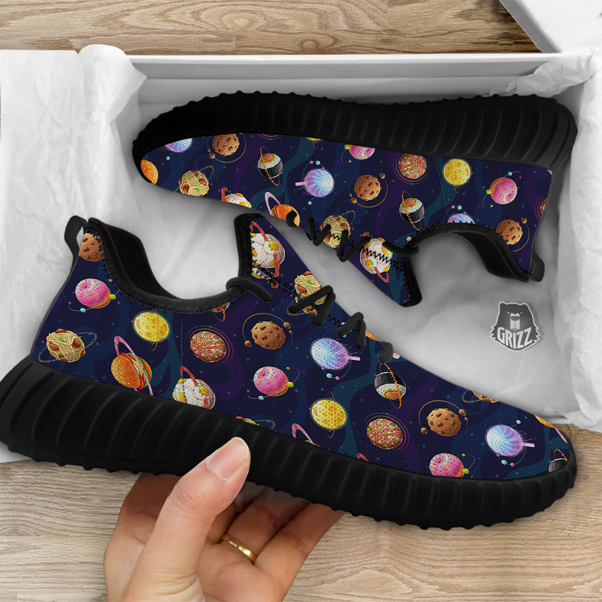 Fantasy Food Planets Print Pattern Black Walking Shoes-grizzshop