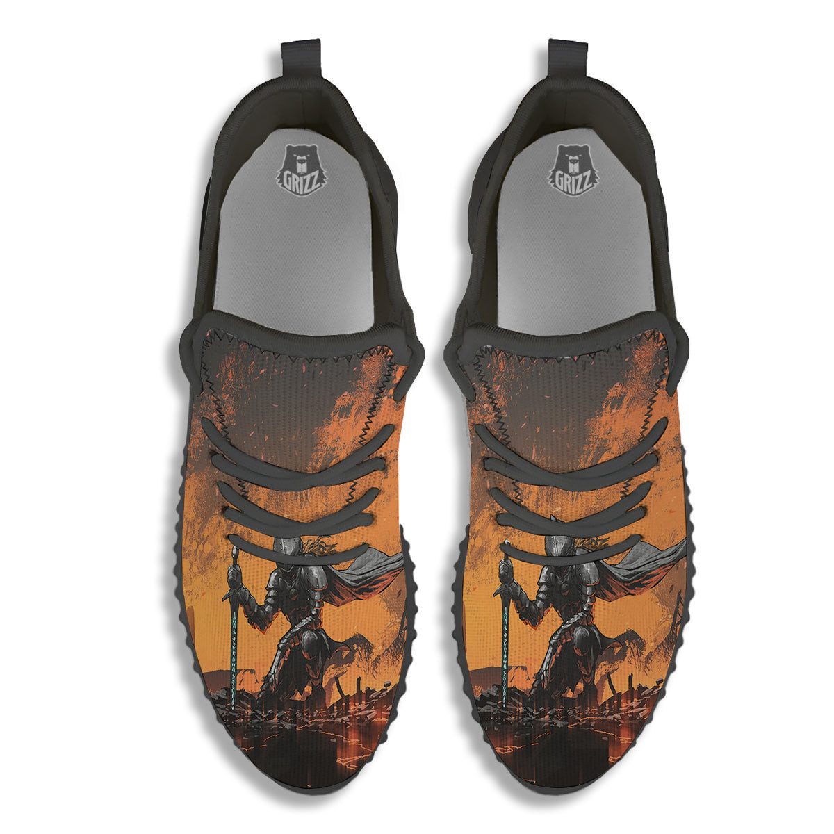 Fantasy Knight On Fire Print Black Walking Shoes-grizzshop