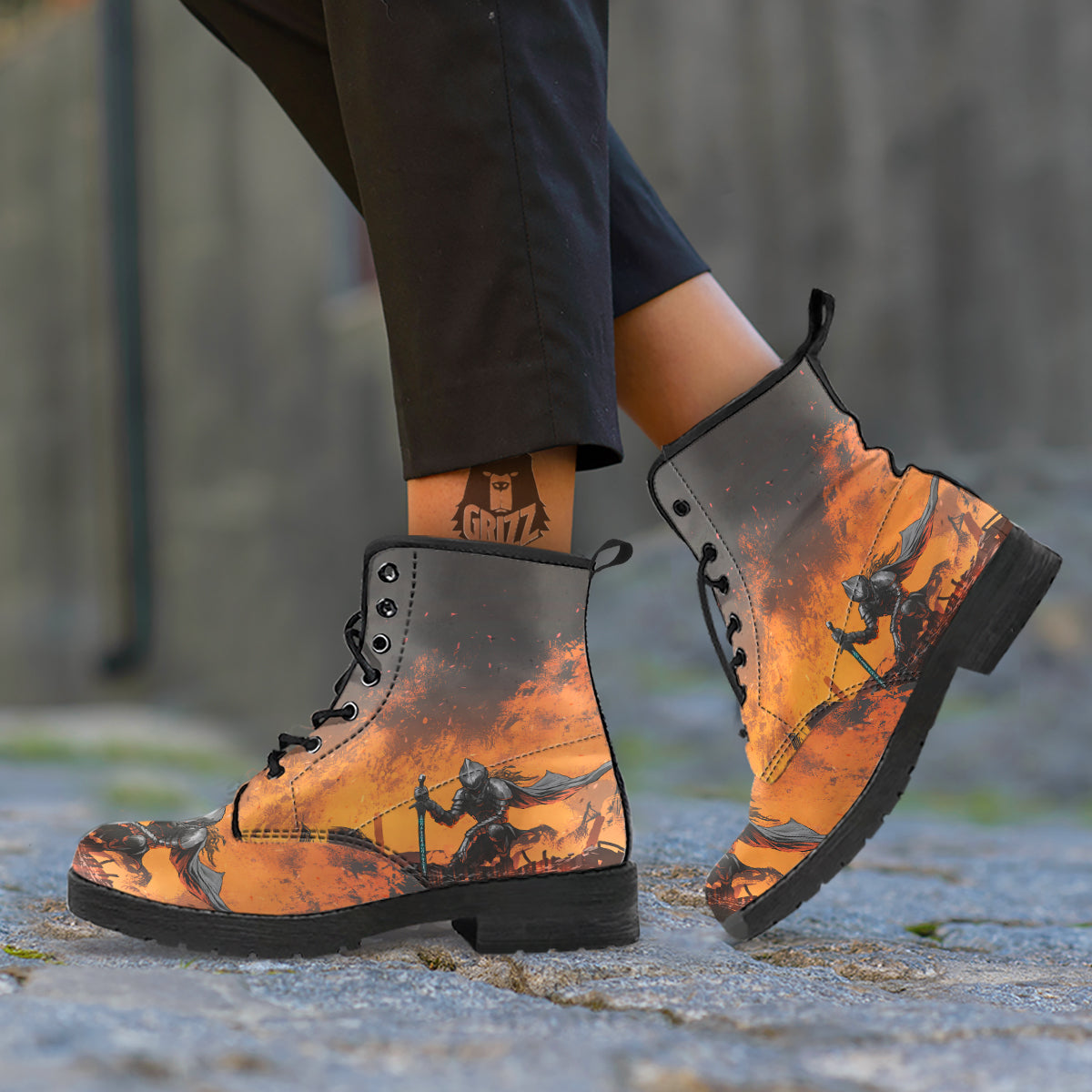 Fantasy Knight On Fire Print Leather Boots-grizzshop