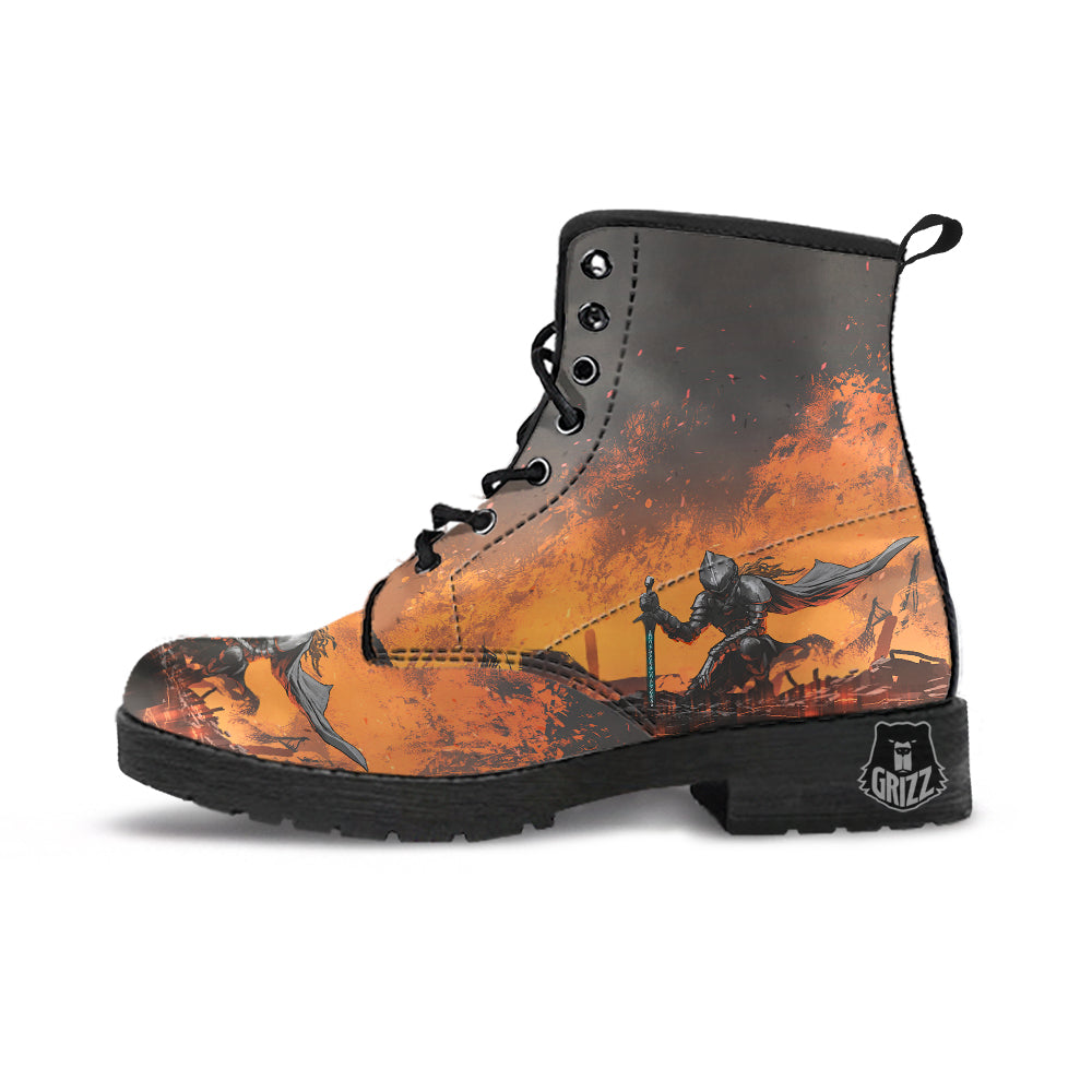 Fantasy Knight On Fire Print Leather Boots-grizzshop