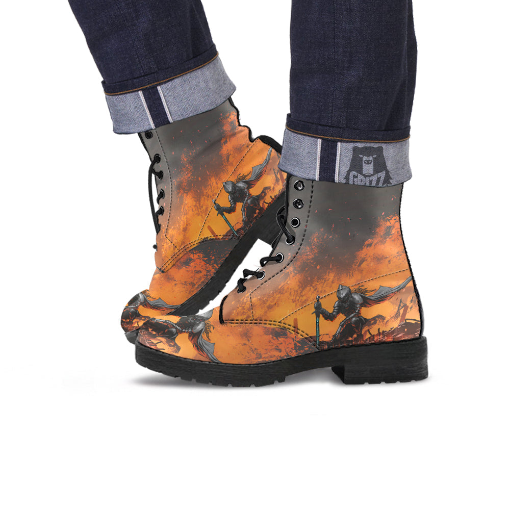 Fantasy Knight On Fire Print Leather Boots-grizzshop