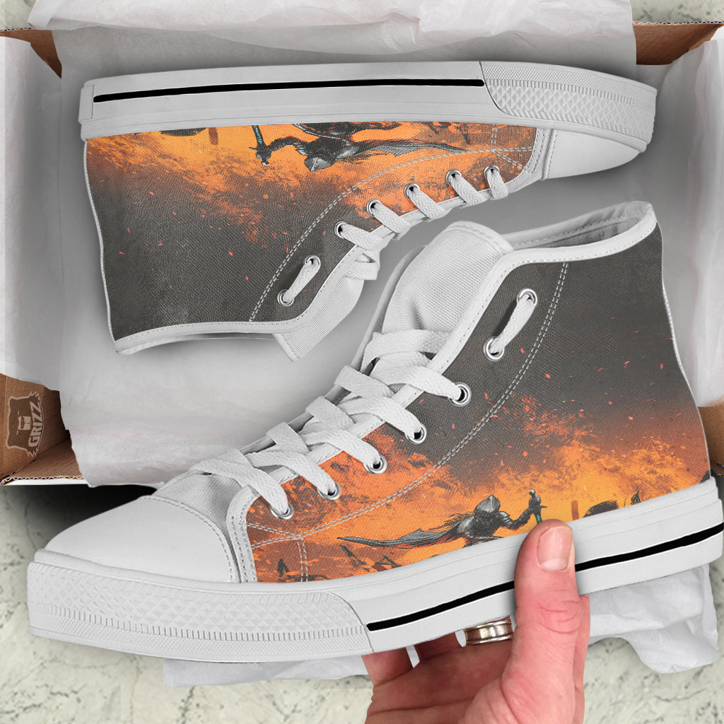 Fantasy Knight On Fire Print White High Top Shoes-grizzshop