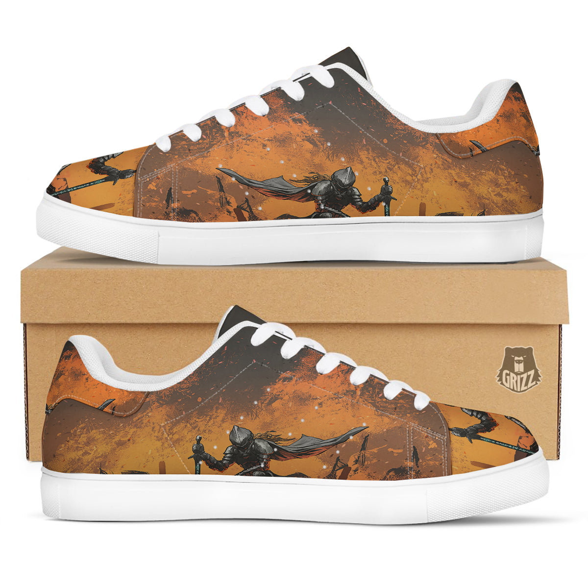Fantasy Knight On Fire Print White Low Top Sneakers-grizzshop