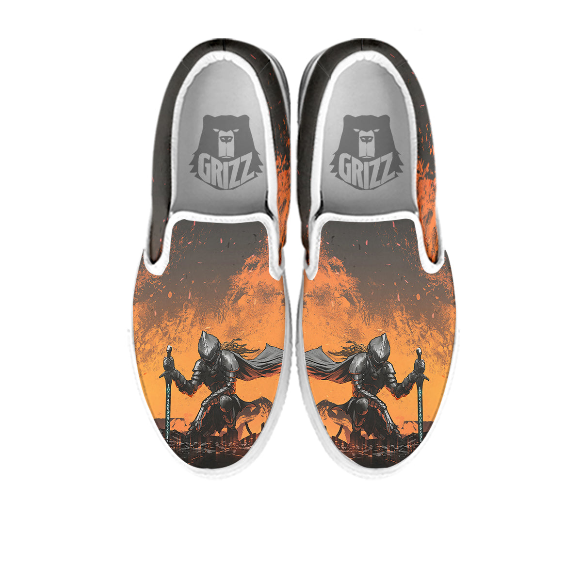 Fantasy Knight On Fire Print White Slip On Shoes-grizzshop